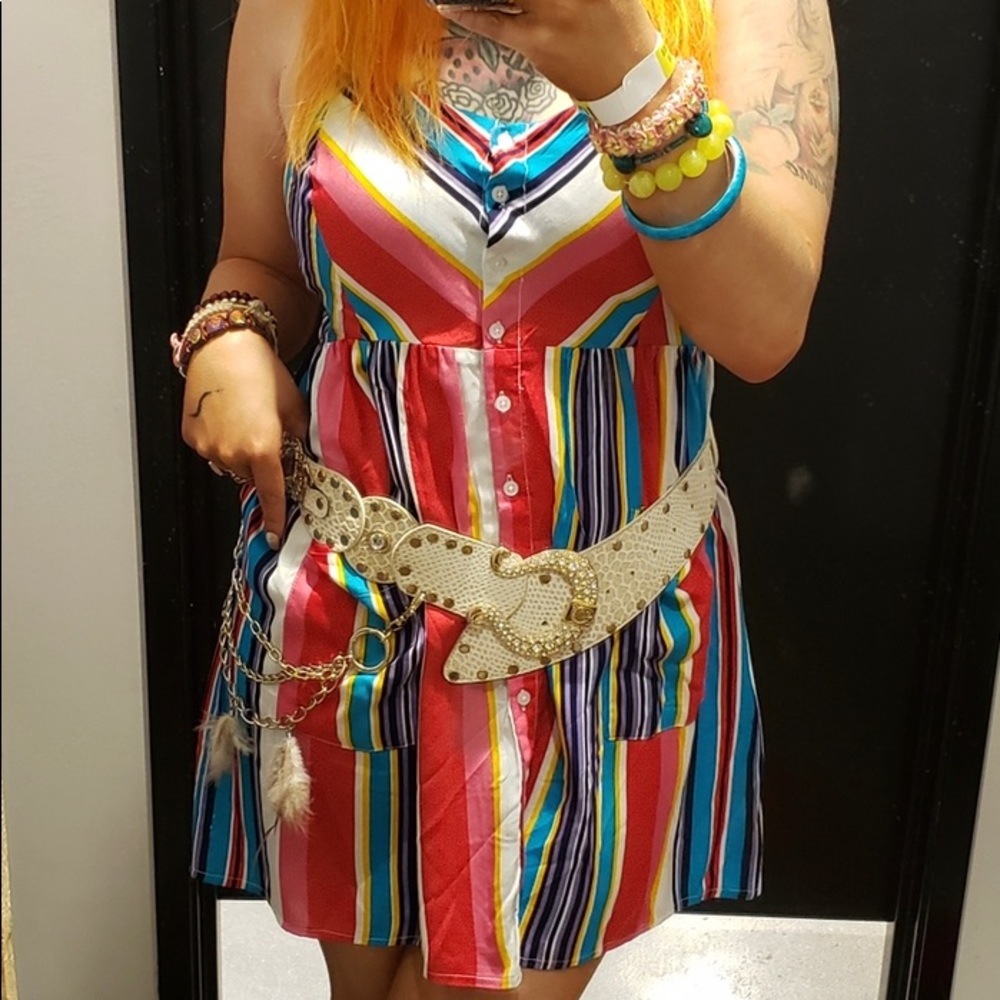 Multicolored stripe button down mini dress Medium